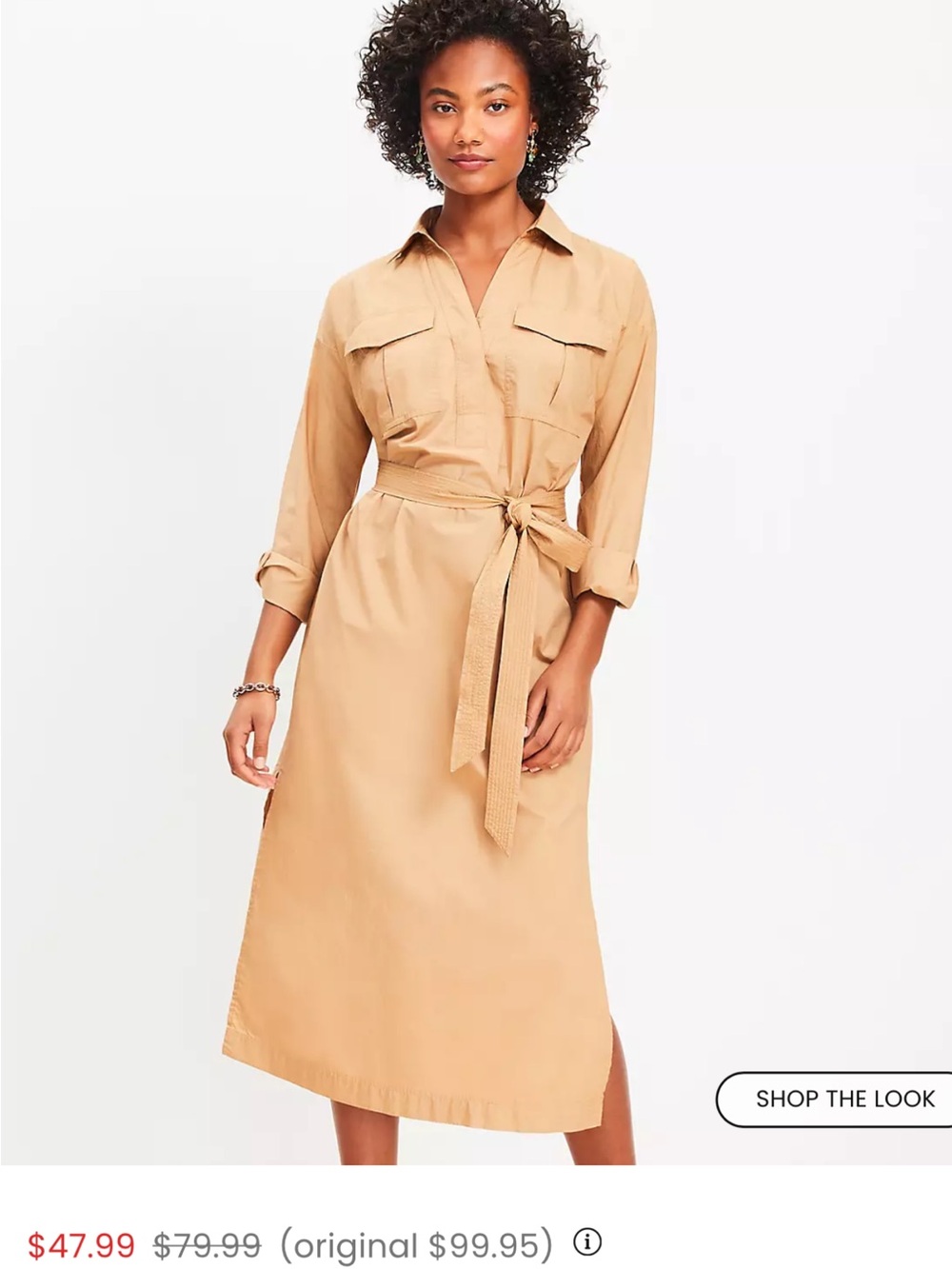 LOFT Button-Front Shirt Dress in Camel/Tan